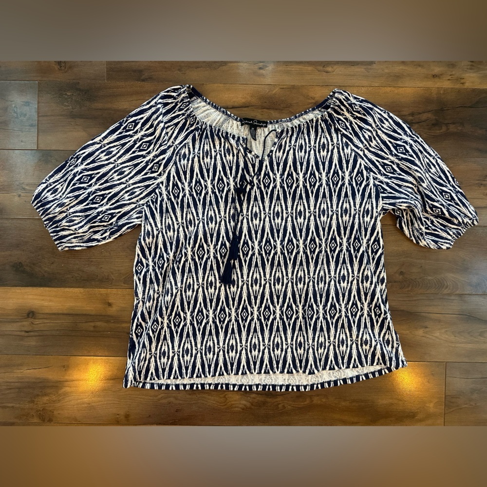 French Laundry Navy White Ikat Print Peasant Top Women’s 2X